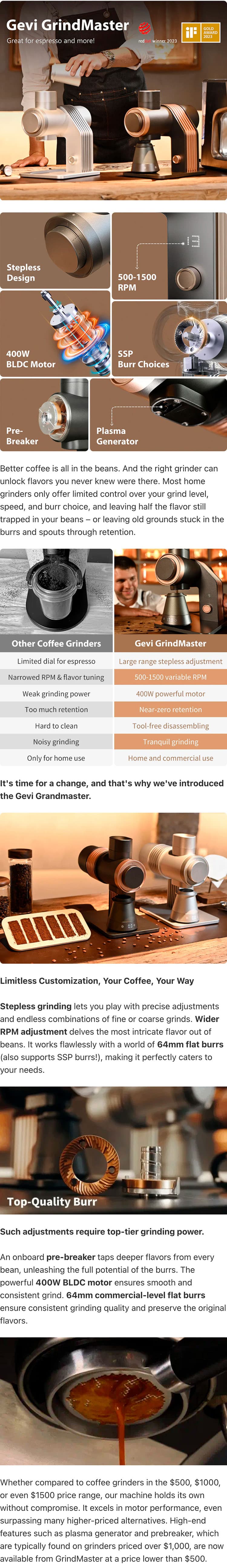 GEVI GrindMaster Ultimate Stepless Coffee Grinder VelPro 400