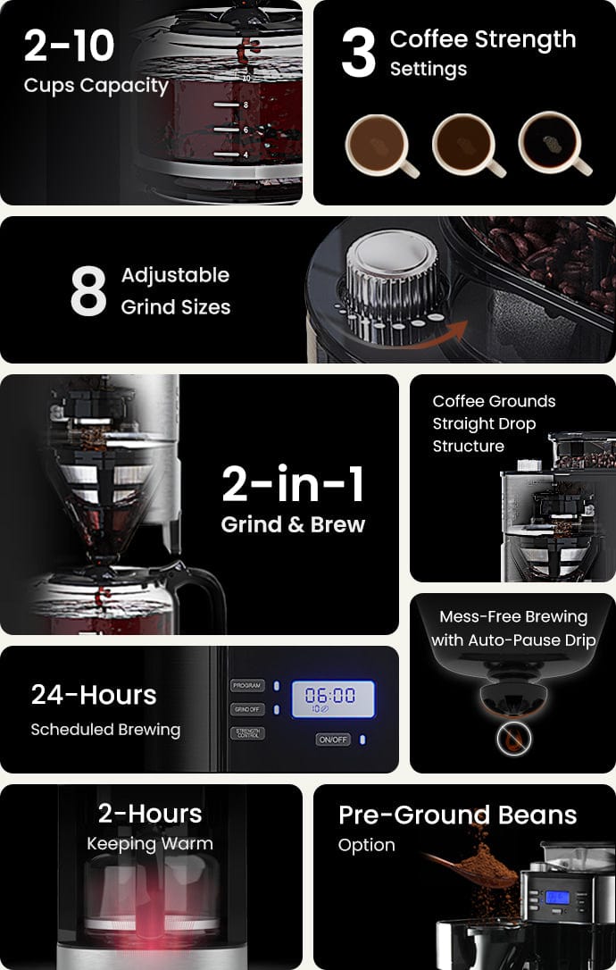 値下げ⭐︎半額以下⭐︎Gevi 10-Cup Drip Coffee Maker GEVI | 10-Cup Coffee Maker Machine with Built-in Grinder