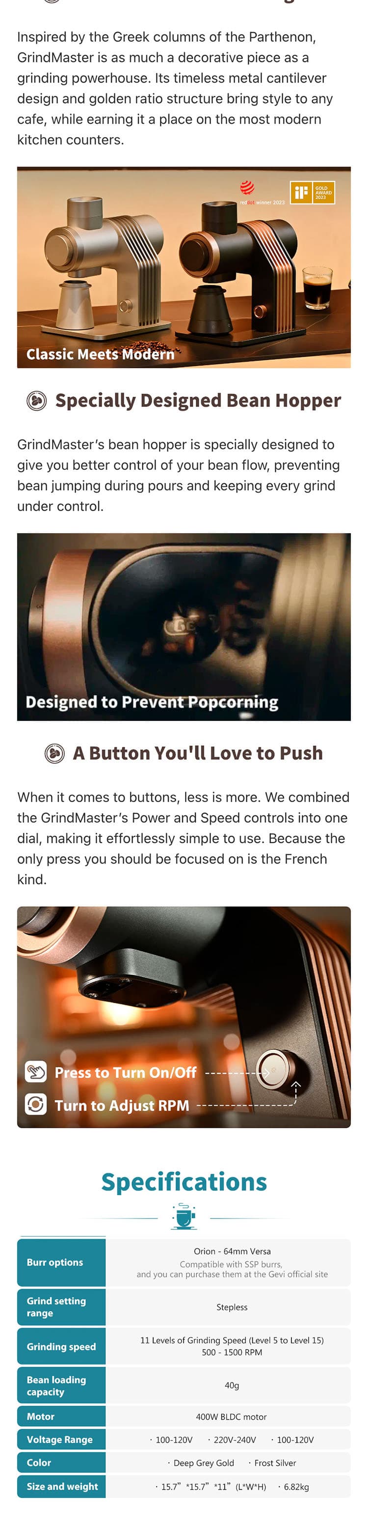 GEVI GrindMaster Ultimate Stepless Coffee Grinder VelPro 400