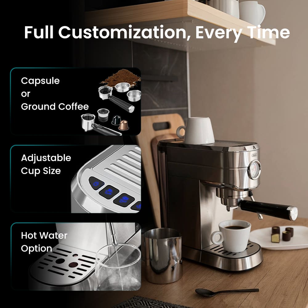 GEVI | Compact Espresso Machine with Milk Frother for Cappuccino and Latte 20 Bar