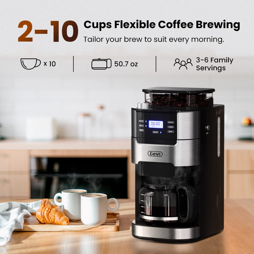 GEVI | 10-Cup Coffee Maker Machine with Built-in Grinder